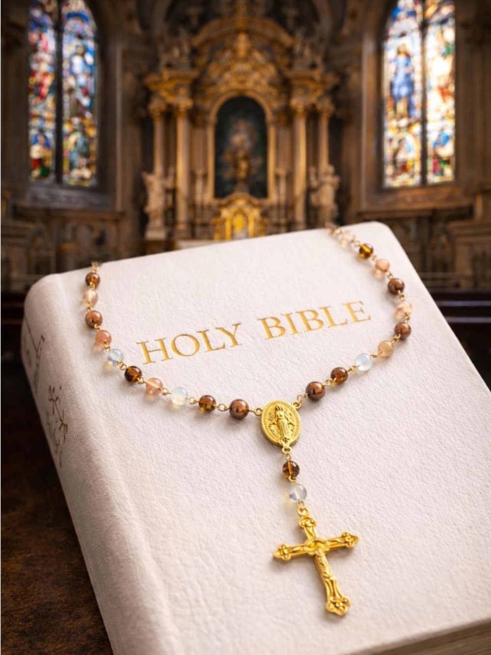 Gold-Tone Rosary Necklace with Brown and Opal Beads